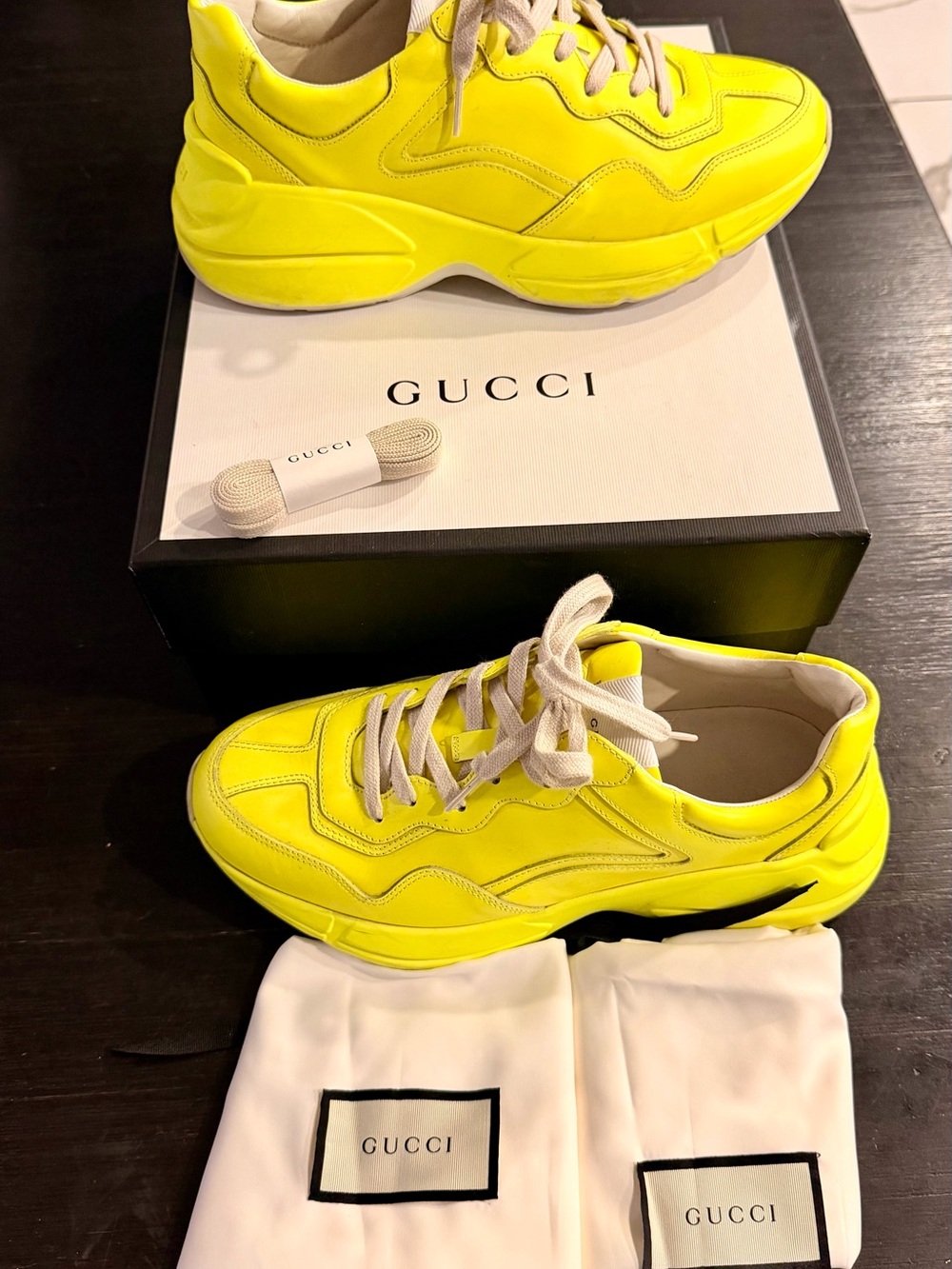 Auth Gucci Python Fluo Yellow and Beige Leather Sneakers w/box dust bags xtr str - Picture 3 of 5